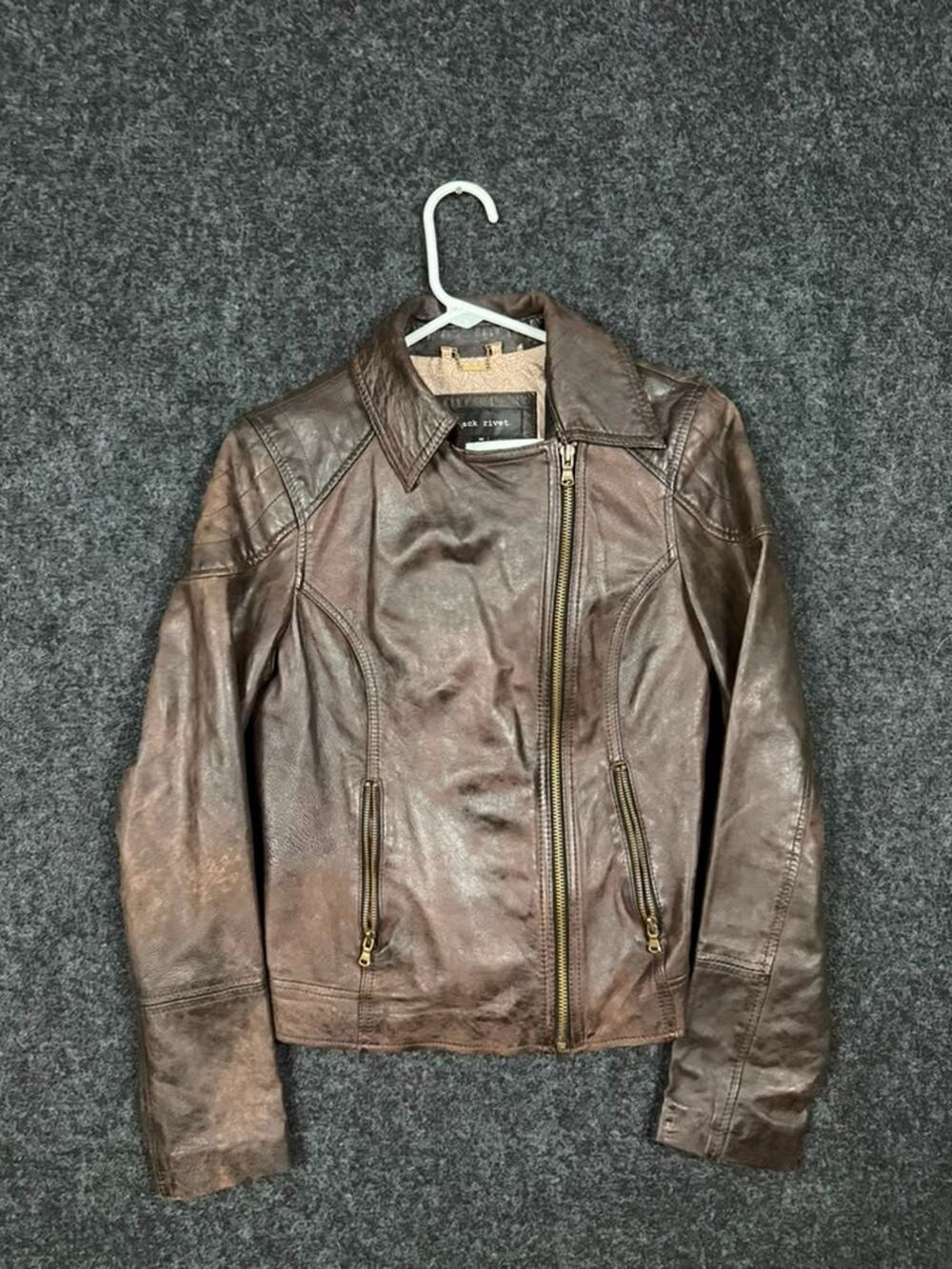 Black Rivet Womens Brown Genuine Leather Moto Jacket Medium Asymmetrical Zip